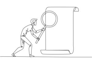 Single continuous line drawing businessman stood holding a magnifier highlighted a rolled paper. Evaluates product compliance in accordance with company's business standards. One line design vector