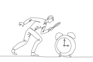 Continuous one line drawing of businessman holding magnifying glass looking at alarm clock. Super busy businessman, always working overtime. Workaholic. Single line draw design illustration vector