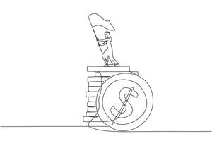 Single continuous line drawing of Arabian businessman standing on stack of coins raising flag. Successful remote freelance work. Get a lot of money. Concept of smart business. One line design vector