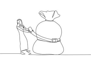 Single one line drawing Arab businessman wrapped around and pulled the money bag with a belt. Investment decrease, sale drop. Save on unnecessary expenses. Continuous line design graphic illustration vector