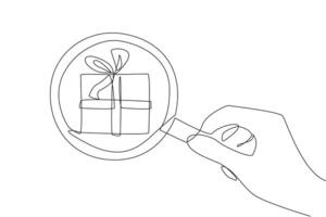 Continuous one line drawing big hand holding magnifying glass highlights gift box. Observe a gift that will be given to a business associate. Tokens of gratitude. Single line draw illustration vector