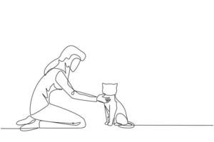 Single one line drawing of young beautiful woman hugging her little cat. While kneeling, he put his cute cat on the floor while stroking it on the neck. Continuous line design graphic illustration vector