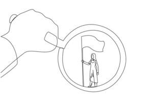 Single one line drawing big hand holding the magnifier by highlighting Arabian businesswoman who is standing holding the flag. A symbol of the glory of a businesswoman. Continuous line design graphic vector