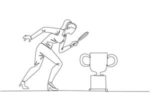 Single continuous line drawing of businesswoman holding magnifying glass looking at trophy. Long journey of running a business pays off by finding trophy as reward. One line design illustration vector