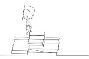 Single continuous line drawing of Arabian businesswoman standing on piles of paper document raising flag. Create business plan with lots of data. Winner even though there is a lot of work. One line vector