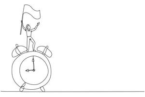 Single one line drawing young businessman standing on giant alarm clock raising flag in the hand. Enjoy business success when the deadline ends. Triumph. Continuous line design graphic illustration vector