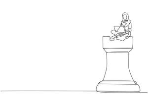 One single line drawing Arabian businesswoman sitting on giant rook piece chess while holding on laptop computer. Playing chess games online. Metaphor of victory of business. Continuous line design vector