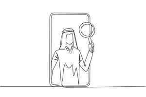 Continuous one line drawing Arabian businessman came out of smartphone screen holding magnifier. Utilizing internet technology on smartphones to promote business abroad. Single line draw design vector