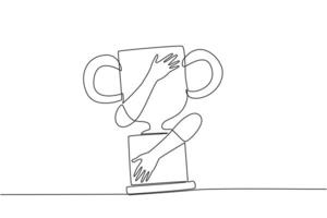 Single one line drawing of hands hugging trophy. Grasp the victory after a long struggle in running a new startup business. Smart business concept to develop company during pandemic. Continuous line vector