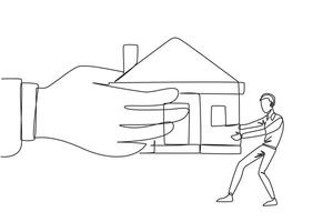 Continuous one line drawing young businessman pulling miniature house which is also pulled by a big hand. Failed to pay the mortgage so that it can be withdrawn by bank. Single line draw design vector