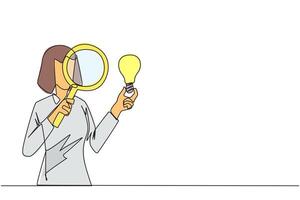 Single continuous line drawing of businesswoman inspects the lightbulb she holds with a magnifier. Analyze existing ideas and select them for new business needs. One line design illustration vector