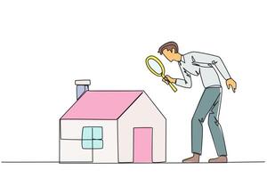 Single one line drawing of young businessman holding magnifying glass looking at miniature house. Get ready to make passive income after viewing a house. Continuous line design graphic illustration vector