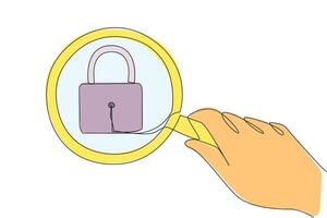 Single one line drawing big hand holding magnifying glass highlights the padlock. Security symbol. The modern era, security are the most important things. Continuous line design graphic illustration vector