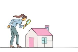 Continuous one line drawing of businesswoman stood holding the magnifier and inspected the miniature house. Looking for home property to be used as passive income. Single line draw illustration vector