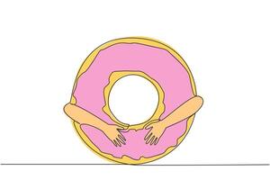 Single continuous line drawing of hands hugging donut. Cake that has a characteristic form of a hole in the middle. Made from wheat flour which has meses topping on top. One line illustration vector