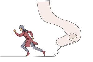 Single one line drawing Arabian businesswoman running chased by pendulum paper rolls bills. Trying to run away from responsibility to pay off all the bills. Continuous line design graphic illustration vector