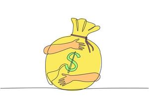Single continuous line drawing of hands hugging big money bag. Successful entrepreneurs take advantage of existing opportunities to collect a lot of money. Wealth concept. One line illustration vector