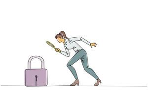 Continuous one line drawing businesswoman holds magnifying glass look at padlock. Looking ways to protect stock values to keep high and safe from hackers. Single line draw design illustration vector