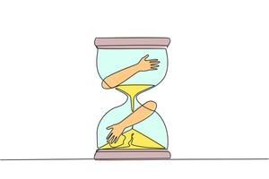 Continuous one line drawing of hands hugging hourglass. No time is allowed to be wasted in taking advantage of business opportunities. Metaphor of time is money. Single line draw illustration vector