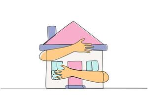 Continuous one line drawing of hands hugging miniature house. Concept of making house as collateral if the business fails. Keep paying mortgage so that house not foreclosed. Single line draw vector