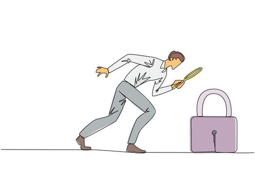 Single one line drawing of businessman holds magnifying glass highlights padlock. Looking ways to protect stock values to keep high and safe from hackers. Continuous line design graphic illustration vector