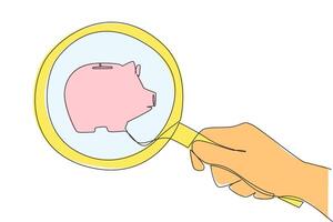 Single continuous line drawing big hand holding magnifying glass highlights piggy bank. A planning concept to save in order to have valuable assets in the future. One line design illustration vector