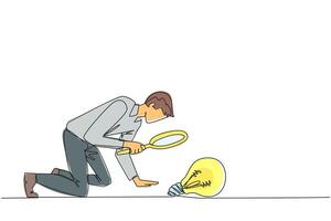 Single one line drawing of businessman holding magnifying glass look at lightbulb. Requires a brilliant idea to expand its business overseas. Metaphor. Continuous line design graphic illustration vector