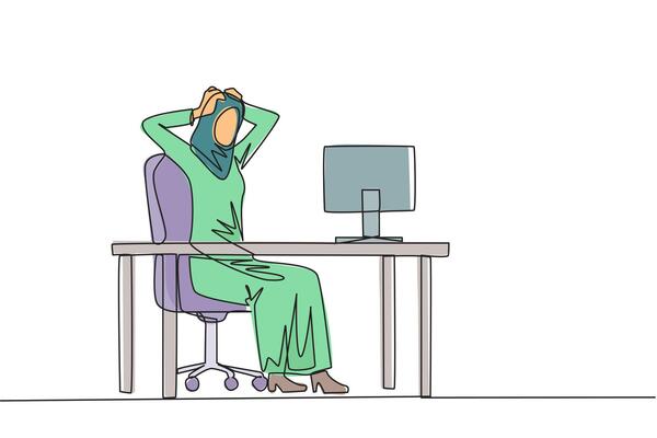 Single one line drawing of Arabian businesswoman sitting in work chair is holding her head with both hands. In front of monitor face the reality of many unpaid bills. Continuous line design graphic