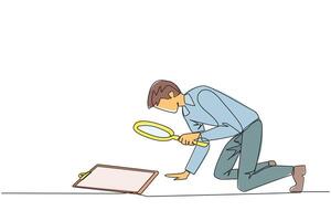 Single continuous line drawing businessman holding magnifying glass clipboard. Businessman make sure by checking back work that may have been missed. Careful. One line design illustration vector