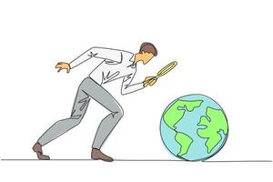 Single one line drawing businessman holding magnifying glass looking at globe. Analyze and map the territory to open the new business. Growing business. Continuous line design graphic illustration vector