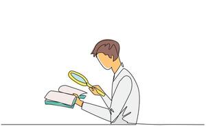 Single one line drawing businessman holds the book and examines it with the magnifier.Businessman re-reads scientific studies so that his business avoids bankruptcy. Continuous line design graphic vector