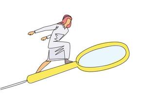 Single one line drawing Arabian businessman rides a big magnifier like he's skateboarding. Someone is trying to find the right information among big data. Continuous line design graphic illustration vector