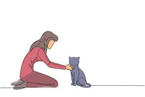 soltero uno línea dibujo de joven hermosa mujer abrazando su pequeño gato. mientras arrodillado, él poner su linda gato en el piso mientras acariciando eso en el cuello. continuo línea diseño gráfico ilustración vector