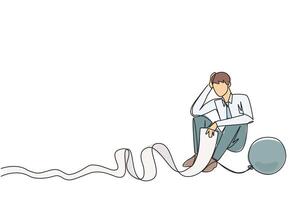 Single continuous line drawing businessman sits on the floor and feet are chained by a steel ball while holding a billing paper. Fooled by loan sharks. Collapsed. One line design illustration vector