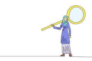 Continuous one line drawing of energetic young Arabian businesswoman stood up carrying a huge magnifier on her shoulders. The concept of seeking success elsewhere. Single line draw illustration vector