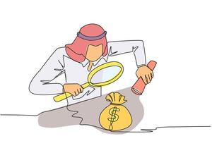 Single one line drawing of Arabian businessman holds a magnifier and flashlight, then checks the money bag. Investigate money bag ownership. Style like detective. Continuous line graphic illustration vector