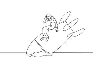 Single one line drawing Arabian businesswoman sits downcast on swooping rocket stranded and stuck at ground level. New business was destroyed. Unable to pay bills. Continuous line graphic illustration vector