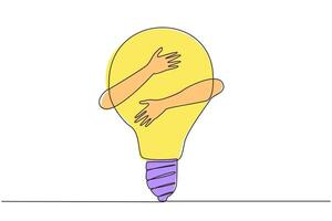 Single continuous line drawing of hands hugging lightbulb. Illustration of brilliant idea for running business during pandemic. Innovation is needed to bring fresh ideas in business. One line vector