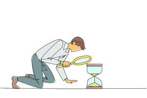 Single continuous line drawing of businessman holding magnifying glass looking at hourglass. Businessman lack of time to running a business. Bad time management. One line design illustration vector