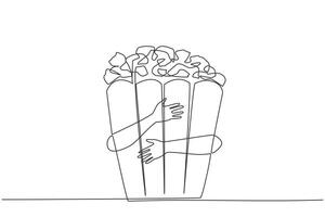 Continuous one line drawing of hand hugging popcorn. Movie time, popcorn time. The best way to enjoy a movie is while eating popcorn. A snack that has several flavors. Single line draw design vector