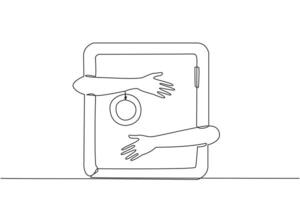 Continuous one line drawing of hands hugging safe deposit box. A concept used to store files, money or important data related to a company or client. Safe. Anti thief. Single line draw design vector