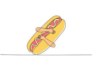 Single continuous line drawing of hands hugging hot dog. Cooked long sausages are served with buns and then topped with pieces of lettuce, tomato, onion. Fast food. One line design illustration vector