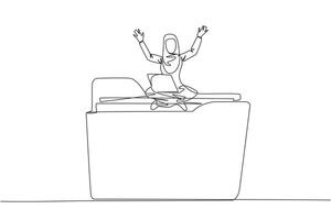 Single one line drawing Arabian businesswoman sitting on big folder icon putting her laptop on thighs raising her hands up. A place to store work data. Business file management. Continuous line design vector