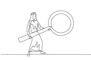 Single continuous line drawing Arab businessman standing holding a giant magnifier. Resembling a guitar player, he searches, analyzes, finds all the necessary data. One line design illustration vector