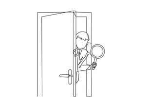 Single one line drawing of businessman came out from behind the door holding a magnifier. Invite business partners to join so that the business is stronger. Continuous line design graphic illustration vector