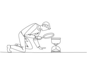 Single continuous line drawing of businessman holding magnifying glass looking at hourglass. Businessman lack of time to running a business. Bad time management. One line design illustration vector