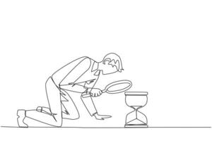 Single continuous line drawing of businessman holding magnifying glass looking at hourglass. Businessman lack of time to running a business. Bad time management. One line design illustration vector