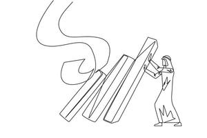 Continuous one line drawing Arab businessman holds back pile of walls resembling collapsed bills. Withstand onslaught of bills by holding back unnecessary business expenses. Single line draw vector