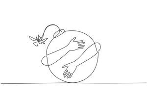 Single one line drawing of hands hugging large bomb with a burning fuse. A dangerous business of carried out without good time management. Business near deadline. Continuous line graphic illustration vector