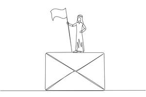 Single one line drawing of young Arabian businessman standing on big email icon holding flag. Received a cooperation offer email that is very profitable for the company. Continuous line design graphic vector